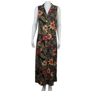 Vintage Teddi Black Floral Maxi Dress Sleeveless Button Up